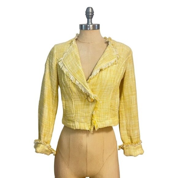 NWT CAbi Daisy Yellow & White Tweed Fringe Cropped Blazer XS - Picture 2 of 6